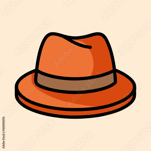 Whimsical illustration of an orange fedora hat with a brown band