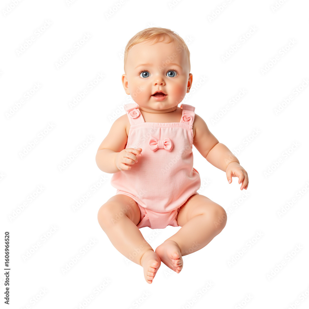 Baby doll sitting in pink outfit with a joyful expression Baby doll sitting in pink outfit with a joyful expression