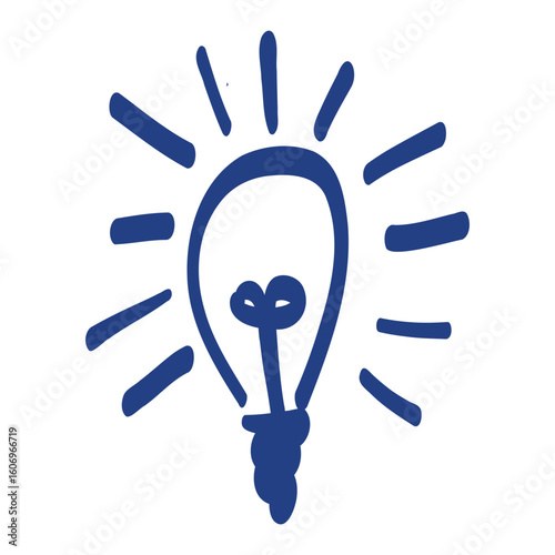 Blue hand-drawn light bulb with radiating lines, representing ideas, creativity, or innovation in informal visual design.
