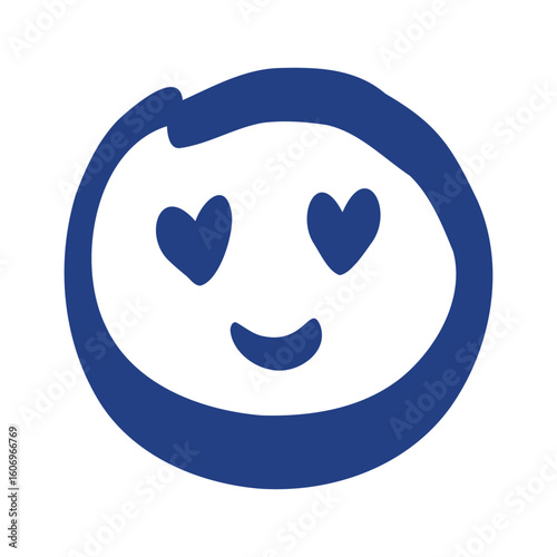 Blue hand-drawn emoji face with heart-shaped eyes and a smile, symbolizing love, joy, or admiration in playful graphics.
