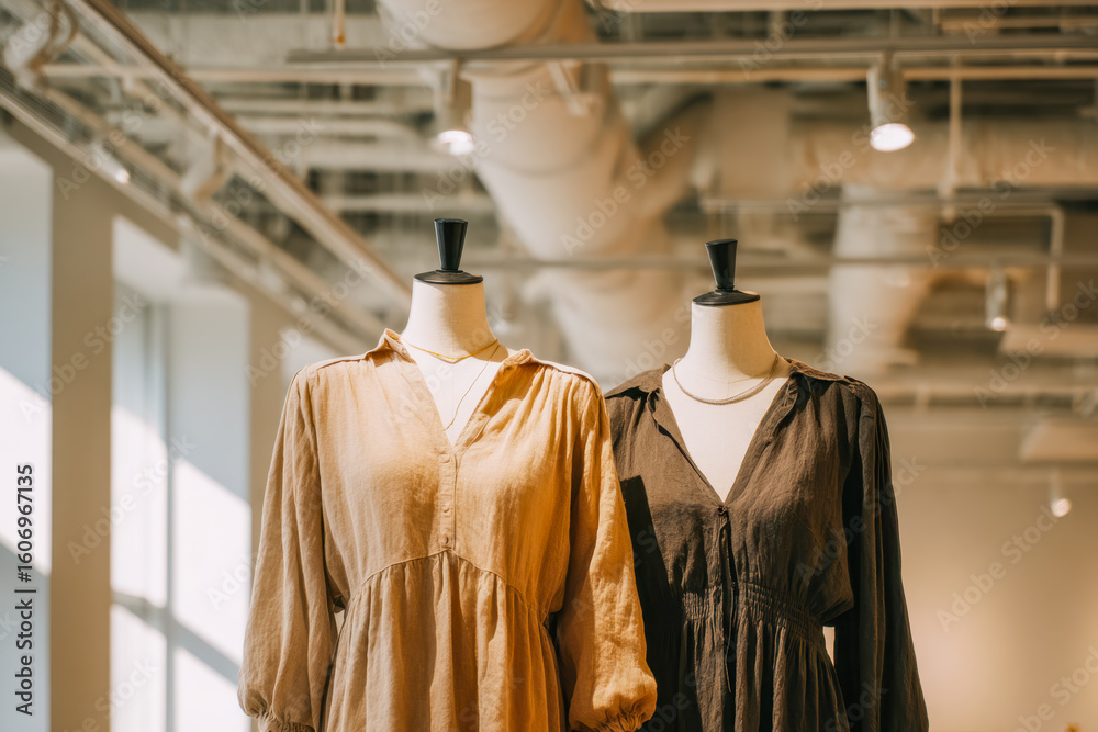 Fototapeta premium Elegant casual dresses on display in a modern clothing store