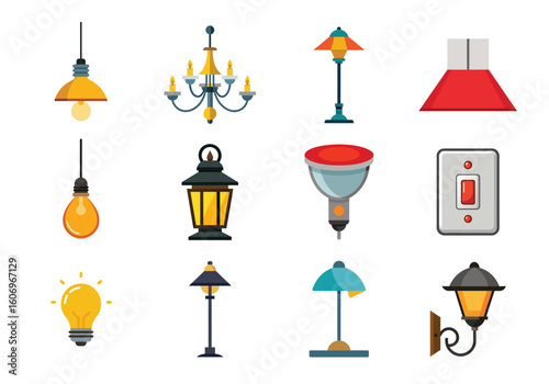 Vector art of a diverse selection of stylish lamps and lighting fixtures are isolated on white background