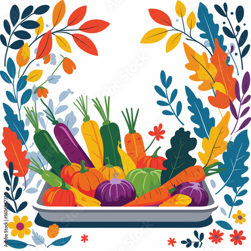 Colorful autumn vegetables in tray surrounded by leaves and flowers  