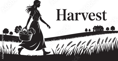 Silhouette of Woman Carrying Harvest Basket in Field Rural Agricultural Illustration