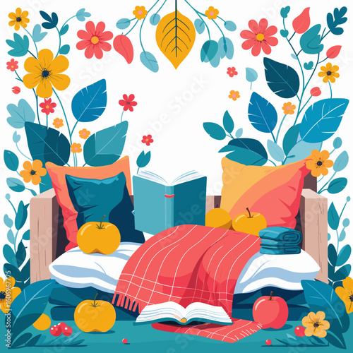 Cozy reading nook with bright flowers and colorful cushions  