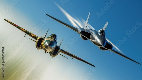 Historic warplane with camouflage paint flying alongside a sleek modern combat jet, clear blue sky and dynamic motion blur