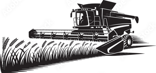 Silhouette of Combine Harvester Harvesting Wheat Field Vector Illustration Design