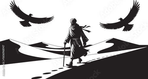 Silhouette of Desert Traveler with Eagles Flying Above Sand Dunes Journey Illustration