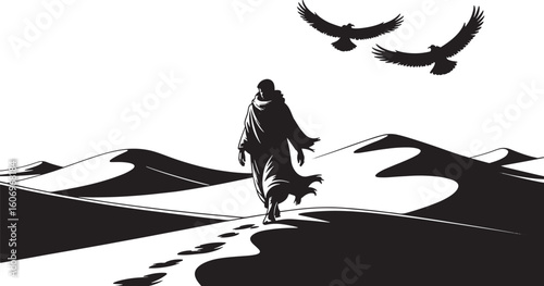 Silhouette of Desert Traveler with Eagles Flying Above Sand Dunes Journey Illustration