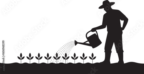 Silhouette of Farmer Watering Plants with Watering Can on Transparent Background