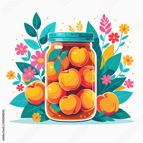 Jar of peaches with leaves and flowers in colorful design  