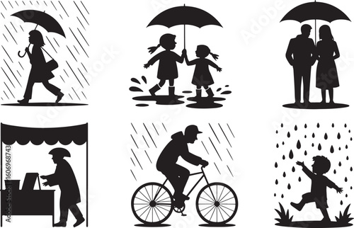 Rainy Day Silhouette Icons: People with Umbrellas, Cyclist, and Child Playing in Rain