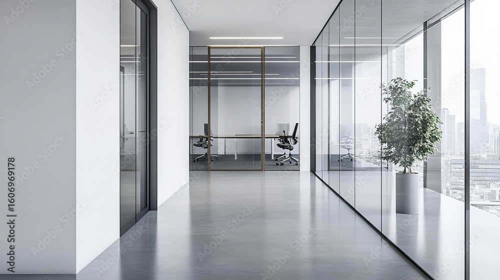 Fototapeta premium Minimalist office hallway leading to a glass door, with a clear view of the urban environment beyond