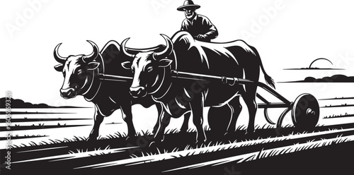 Farmer Plowing Field with Oxen Silhouette Illustration Agriculture Rural Scene Vector