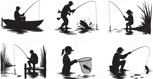 Fishing Silhouette Vector Art Set: Anglers Casting Lines, Catching Fish, Lakeside