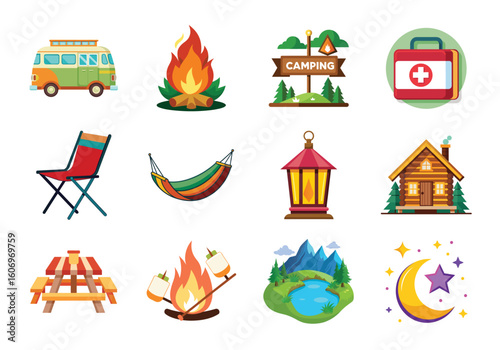 Vector art of a set of camping and outdoor adventure icons for travel and recreation isolated on white background