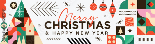 Merry Christmas Vibrant Abstract minimalist style Geometric Pattern with Modern Typography Colorful Festive and Snowflakes Holiday Greeting Background Design