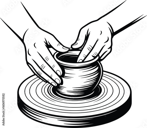 Pottery Wheel Artwork, Hands Sculpting Clay in Monochrome Line Art Style.

