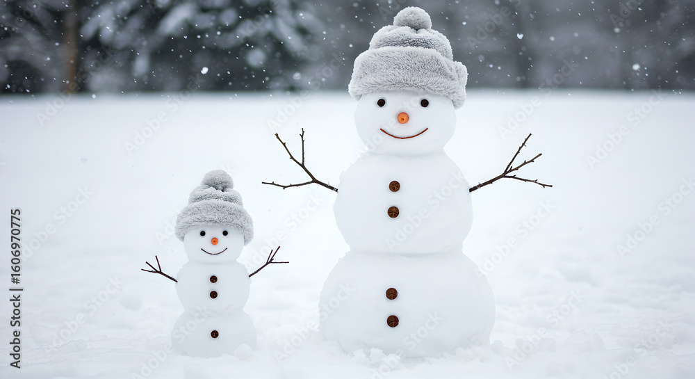 Fototapeta premium Adorable snowmen duo with ushanka hats, symbolizing winter fun and family