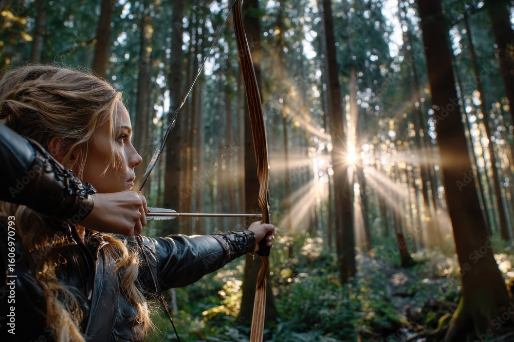 Fototapeta premium Archer focuses intently on target while surrounded by tall, majestic trees in a forest setting