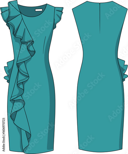 Elegant Teal Ruffled Sheath Dress Design on White Background, Fashion Apparel Sketch for Women's Clothing Collection, Contemporary Style