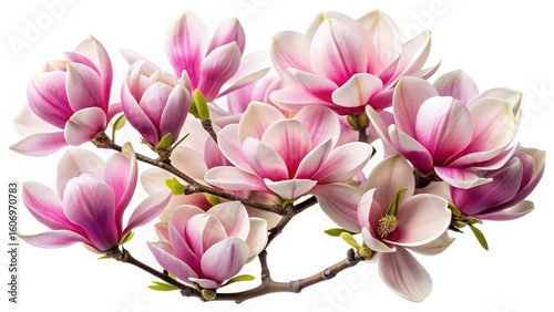 Beautiful Blooming Magnolia Branch with Pink and White Petals Isolated on White