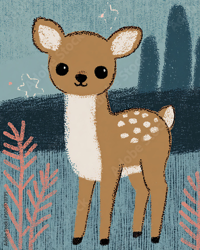 Cute illustration of a baby deer in the forest. Charming design for children's themes, nature, and sweet design.