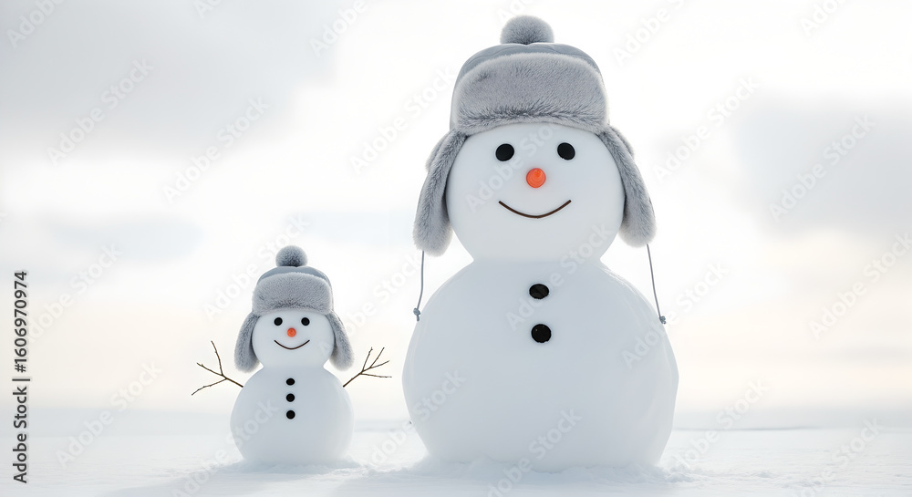 Obraz premium Adorable snowmen duo with ushanka hats, symbolizing winter fun and family