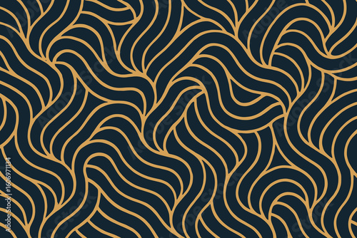 Abstract golden wavy lines on dark blue background pattern