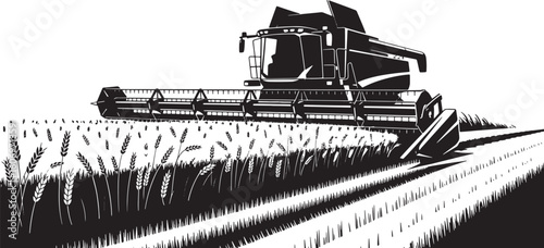 Silhouette of Combine Harvester Harvesting Wheat Field Vector Illustration Design