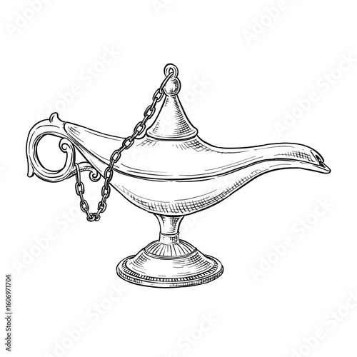 aladdin magic lamp vector line art hand drawn illustration