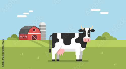 Cartoon Cow Standing in a Green Farm Field with Barn and Silo Illustration