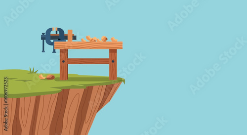 Cartoon Workbench with Vice and Baked Goods on a Grassy Cliff Edge
