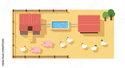 Top-Down View of a Farm Layout with Pigs Chickens Ducks and Farm Buildings