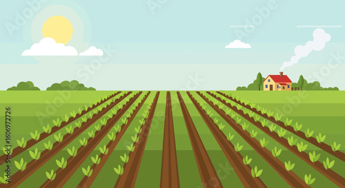 Idyllic Rural Farm Landscape with Rows of Crops and a House Under a Sunny Sky