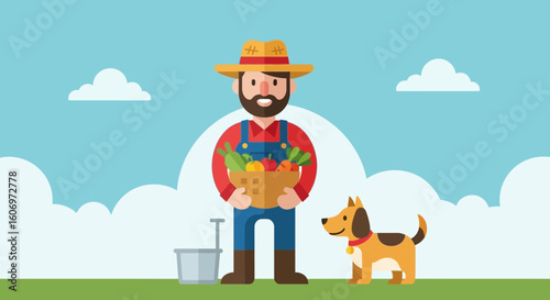 Happy Farmer Holding a Basket of Fresh Vegetables with His Loyal Dog in a Field