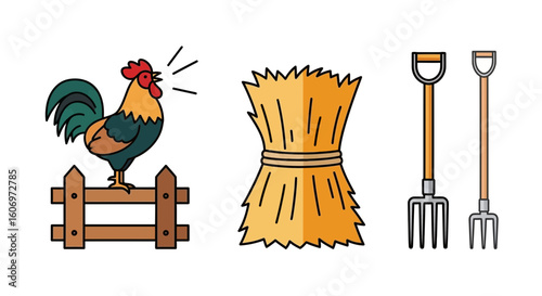 Collection of Farm Themed Icons Rooster Hay Bale and Pitchforks