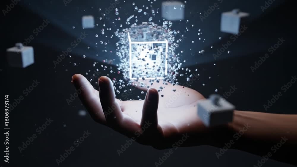 Hand holding glowing cube with particles, digital technology concept video