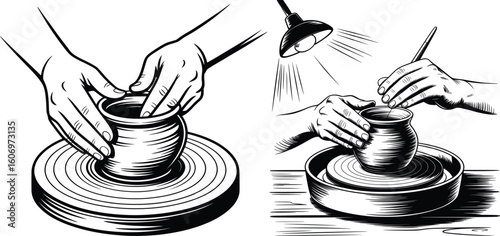 Black and White Pottery Wheel Art, Hands Shaping Clay Illustration.
