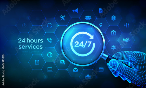 24 hours servises. 24-7 support. Technical support. Customer help. Tech support. Customer service, Business and technology concept with magnifier in wireframe hand and icons. Vector illustration.