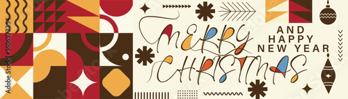 Merry Christmas Vibrant Abstract minimalist style Geometric Pattern with Modern Typography Colorful Festive and Snowflakes Holiday Greeting Background Design