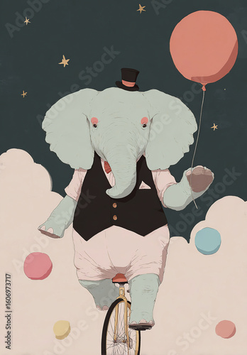 A cute circus elephant in a vintage illustration, flying among clouds and stars. Perfect for fairy tales, children's room decor, and fun projects. Dreams and imagination.