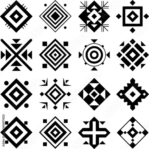Black geometric tribal patterns and symbols on white background vector