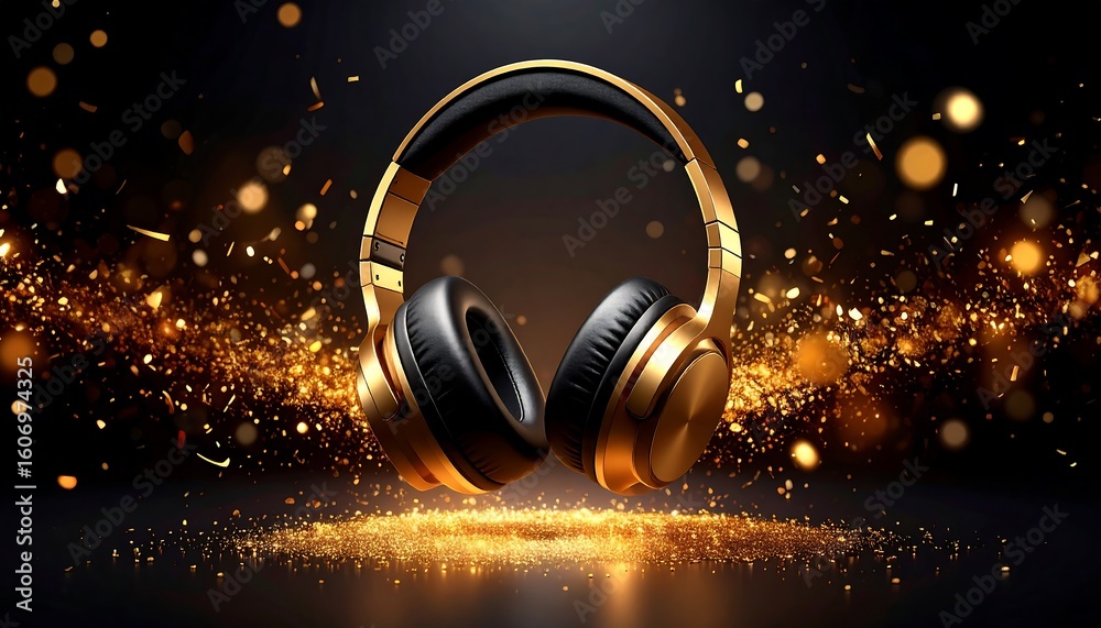 Fototapeta premium Golden headphones on dark background with glittering particles