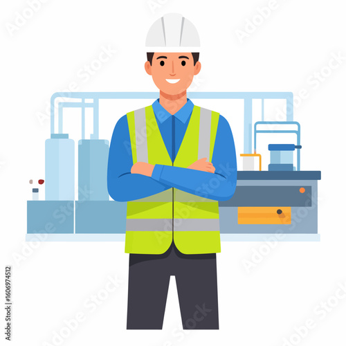 Smiling engineer in safety vest stands confidently in front of industrial machinery.
