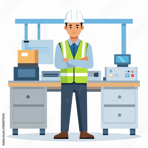 Confident engineer standing proudly at his workstation, arms crossed, surrounded by industrial equipment and supplies.