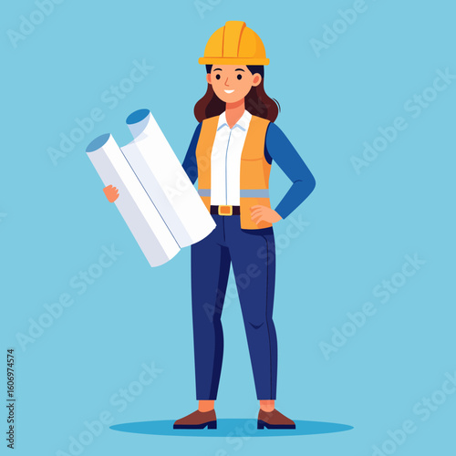 Confident female engineer holding blueprints, construction, professional, design, architecture.