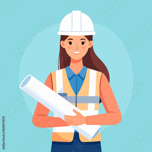 A smiling female engineer in a hard hat and safety vest holds a rolled-up blueprint.