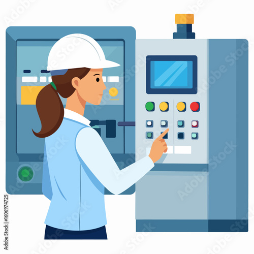 A female factory worker in a hard hat operates an industrial machine control panel, pressing a button.