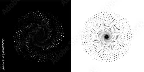 A spiral dots abstract vector illustration pattern backdrop in a metallic hue against a sleek black background. This design element is perfect for frames, circular logos, signs, symbols, and prints.
